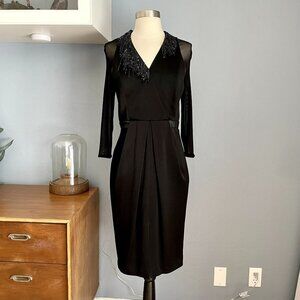 Ports 1961 Black Sheath Midi Cocktail Dress Beaded Trim